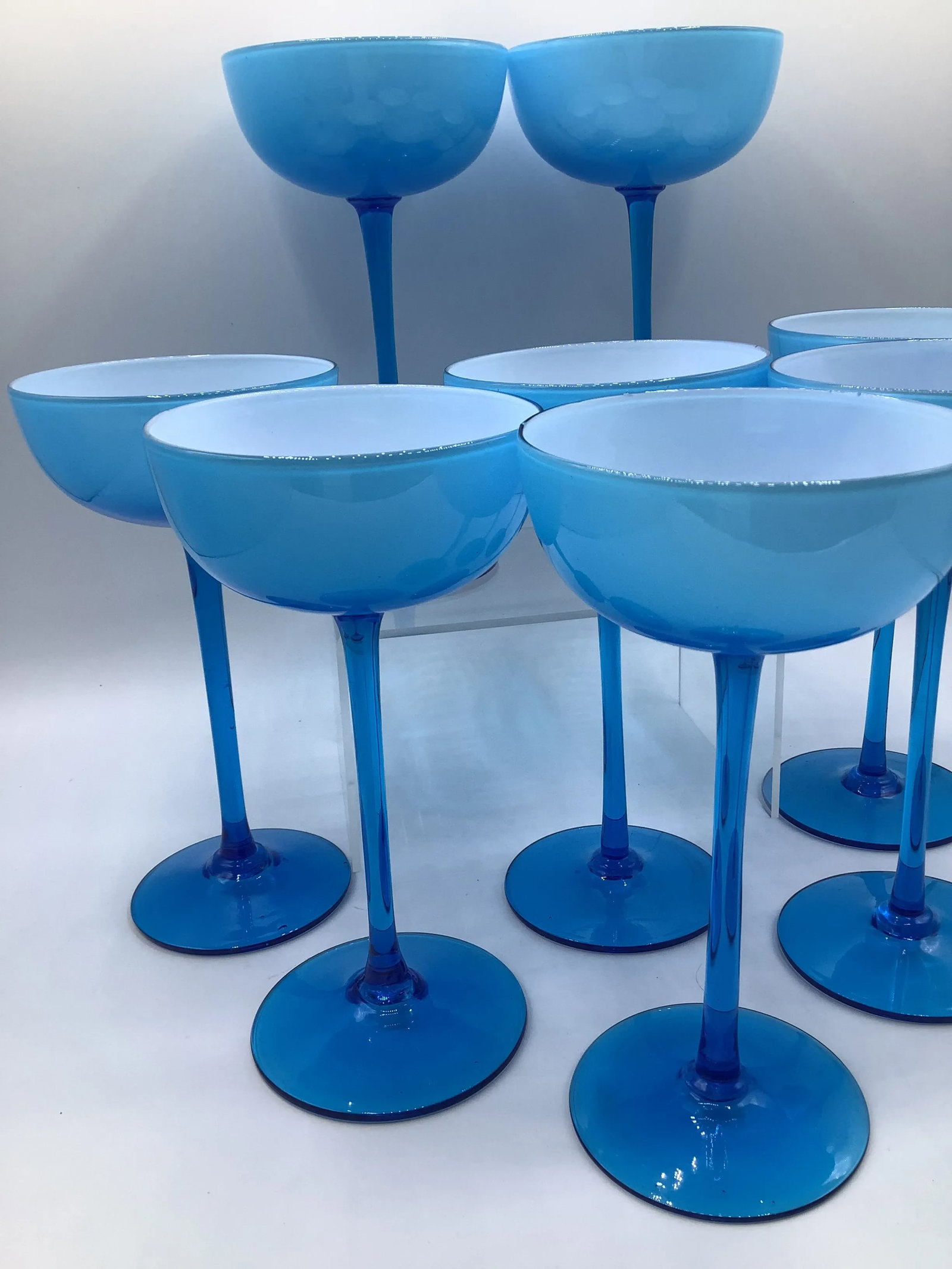 Vintage Carlo Moretti Italy Blue White Cased Glass Tall Stem Champagne Coupes - Set of 8 - 6