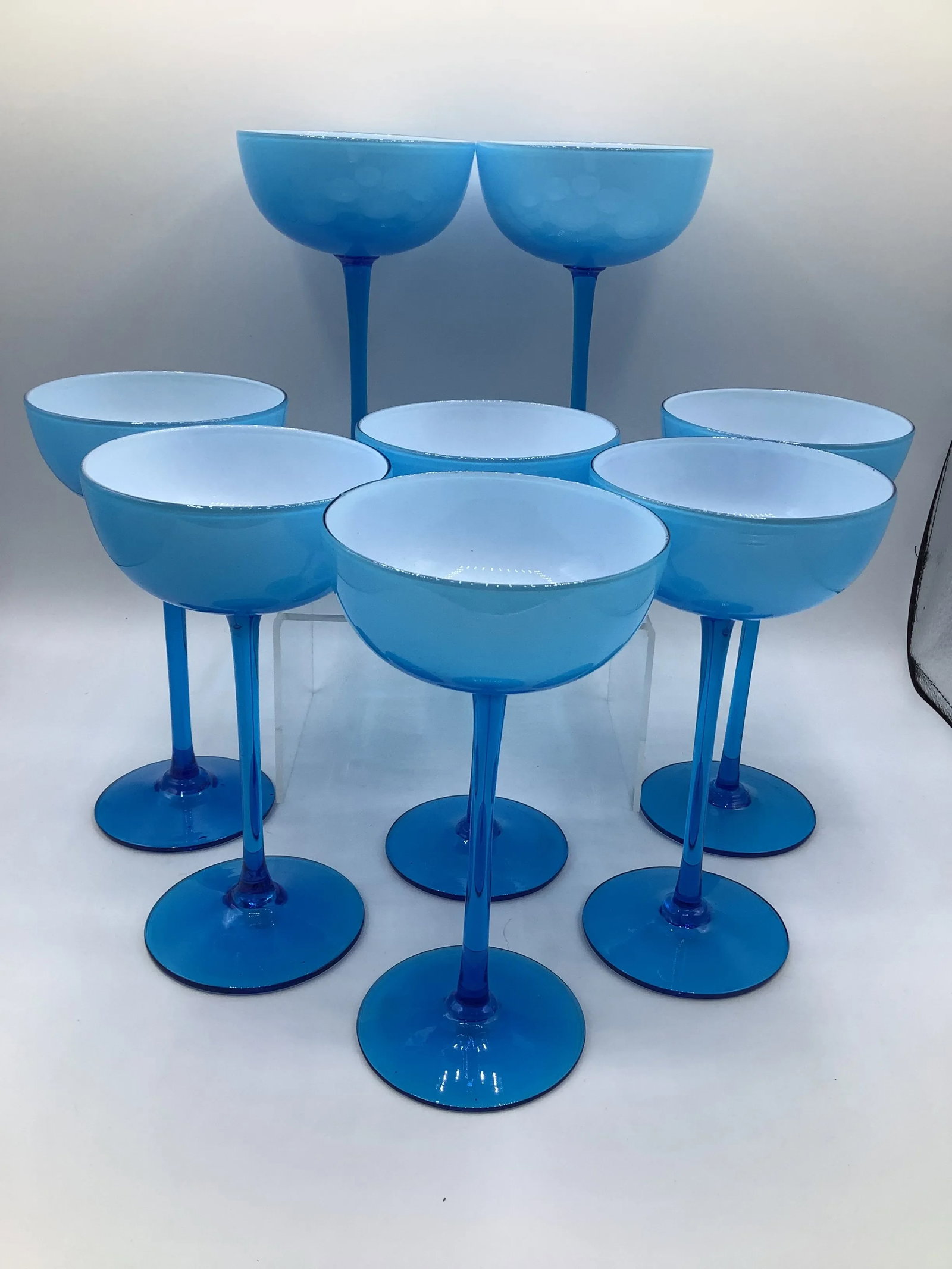 Vintage Carlo Moretti Italy Blue White Cased Glass Tall Stem Champagne Coupes - Set of 8 - 8