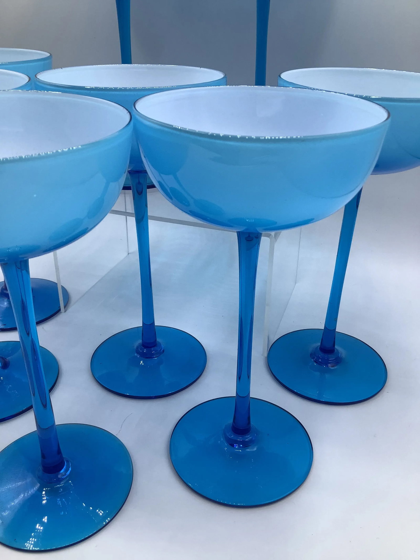Vintage Carlo Moretti Italy Blue White Cased Glass Tall Stem Champagne Coupes - Set of 8 - 9