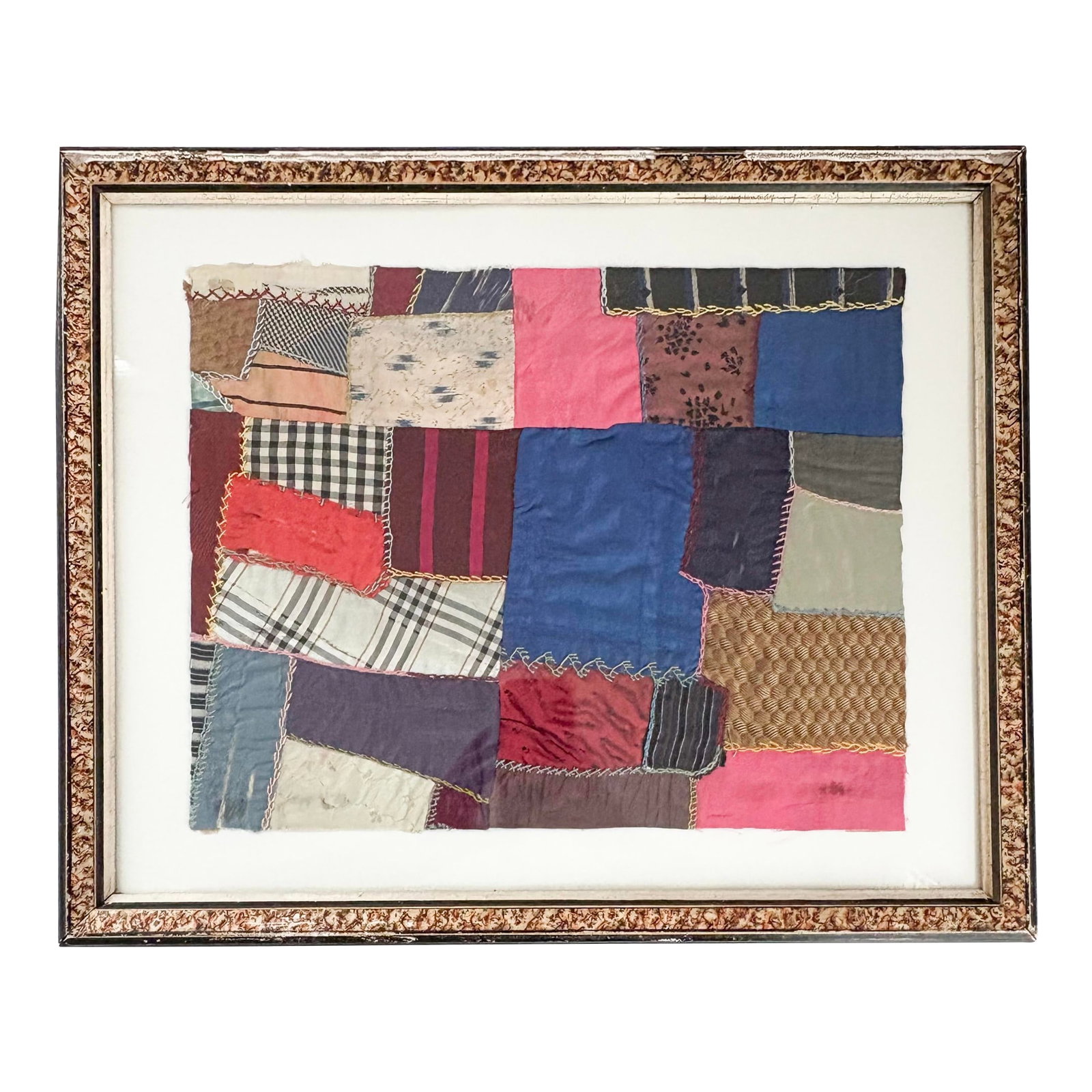 1900's Antique Crazy Quilt Piece Fragment Framed, Antique Framed Quilt Wall Decor (1 of 10)