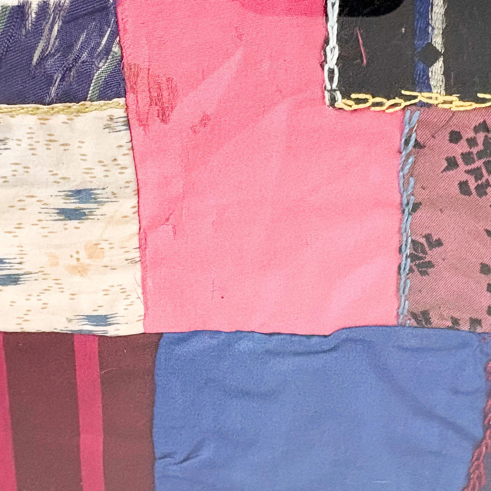 1900's Antique Crazy Quilt Piece Fragment Framed, Antique Framed Quilt Wall Decor - 5
