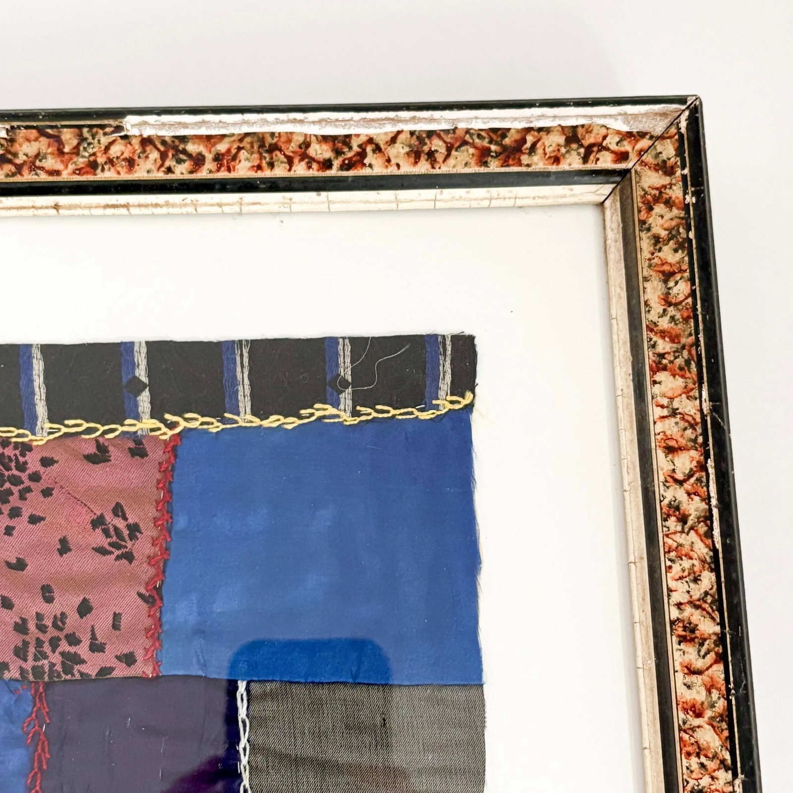 1900's Antique Crazy Quilt Piece Fragment Framed, Antique Framed Quilt Wall Decor - 6