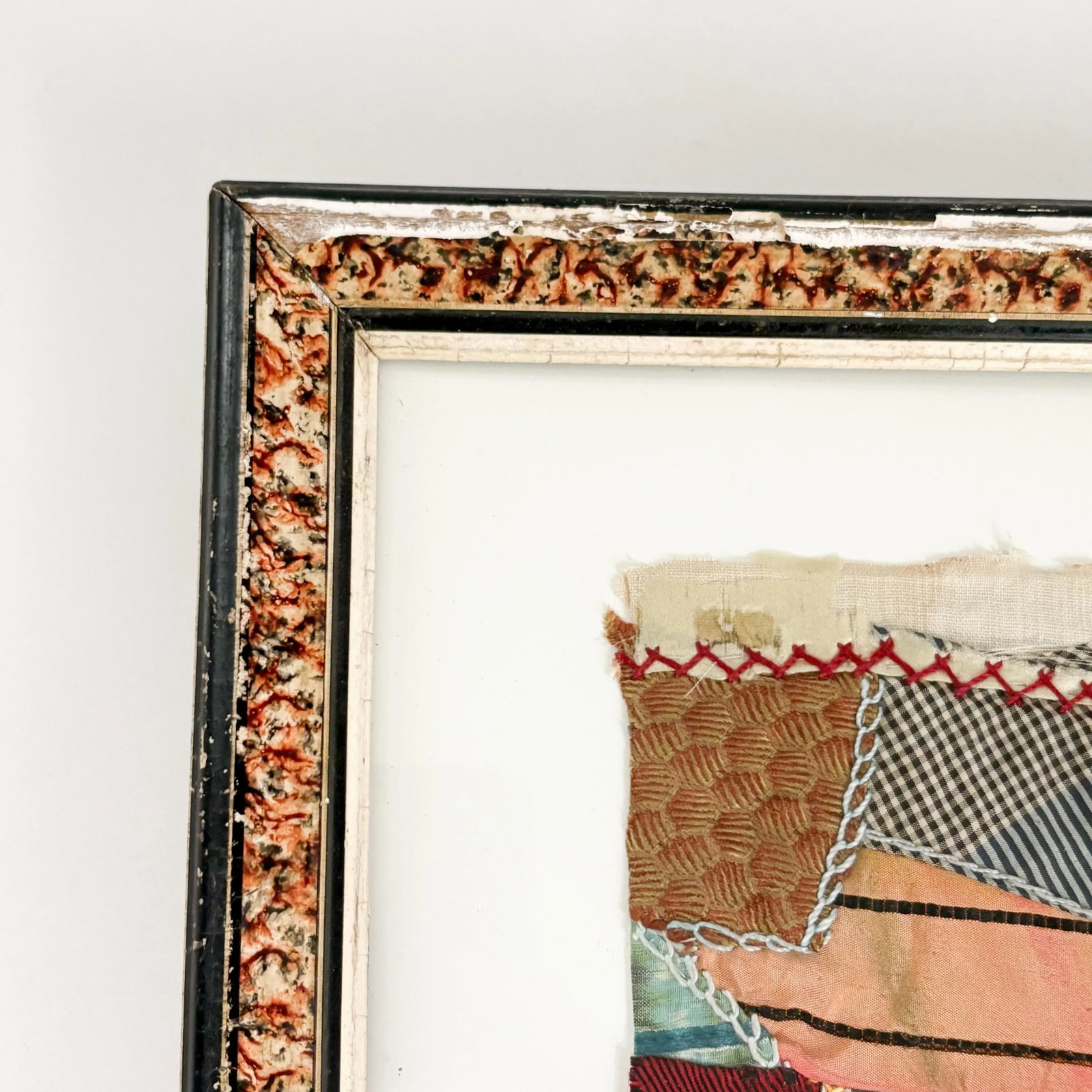 1900's Antique Crazy Quilt Piece Fragment Framed, Antique Framed Quilt Wall Decor - 7
