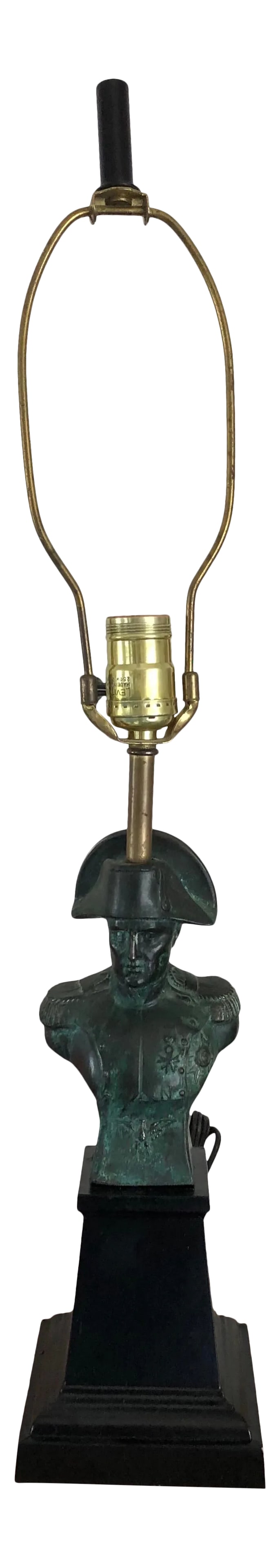Bronze Bust of Napoleon Small Lamp Made in Italy: Small vintage bronze Napoleon bust table lamp. Very good and operational condition. Black metal base is 4.5 x 4.5 inches at bottom. Lamp stands 25.75 inches high to the top of the finial. **No shade