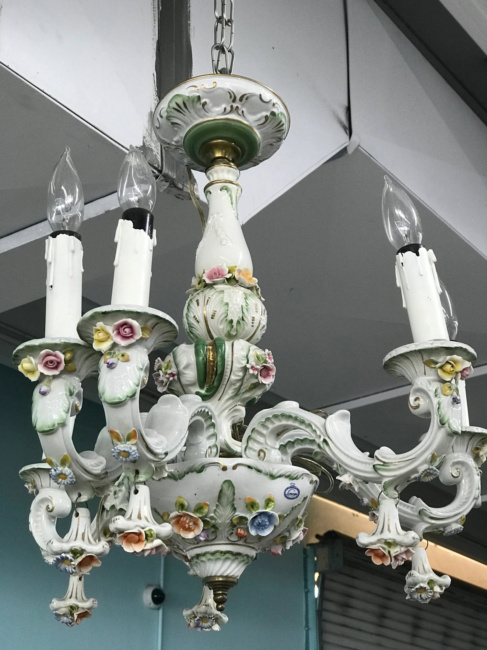Vintage 1950s French Limoges Paris Porcelain Shabby Chic 6 Arm Chandelier - 10