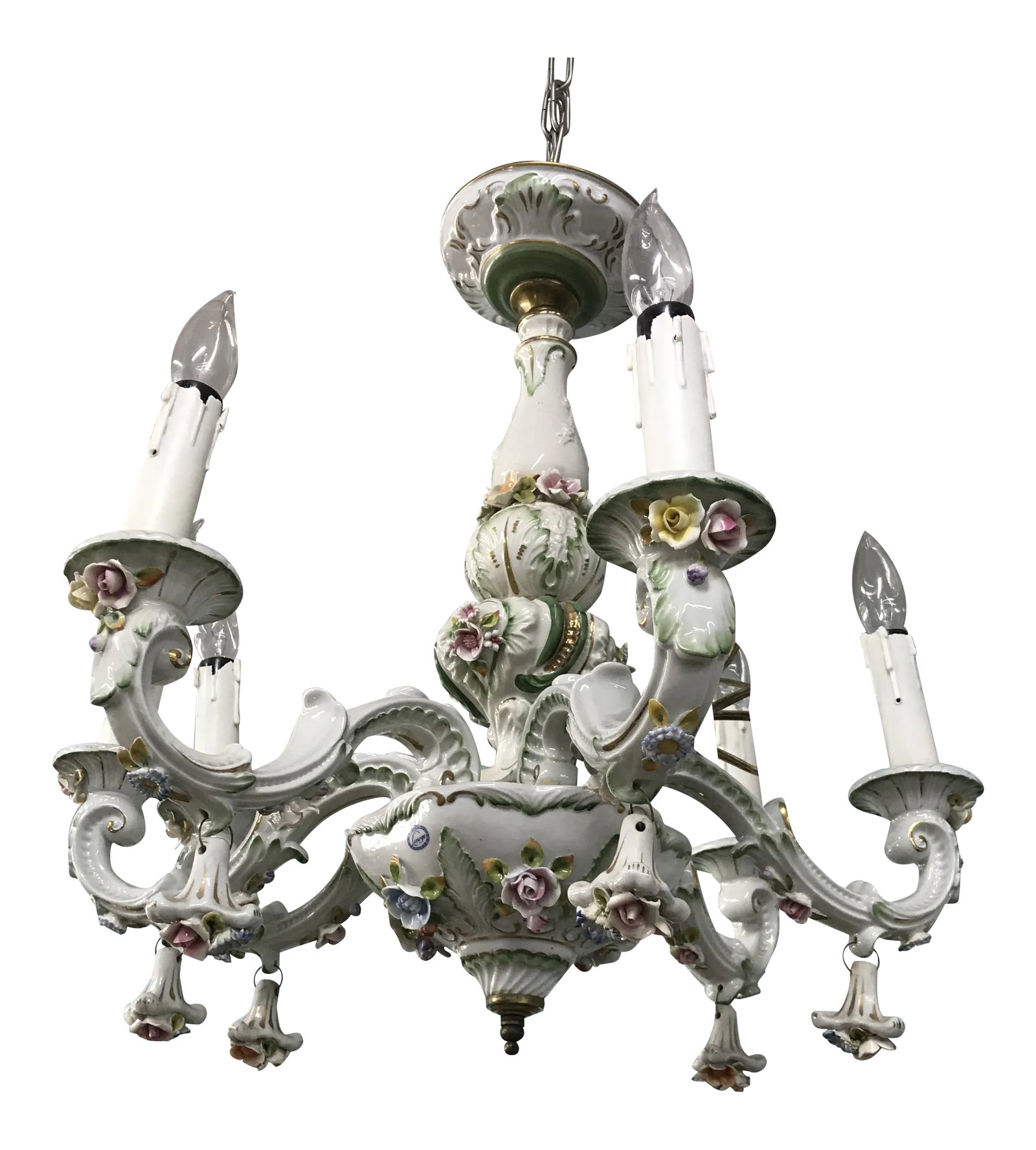 Vintage 1950s French Limoges Paris Porcelain Shabby Chic 6 Arm Chandelier: What we have here is a French Vintage Limoges Porcelain 6 Arm Chandelier Circa 1950's. It has Exquisite-porcelain flowers hanging from each arm & flower paint decor through out in the manner of
