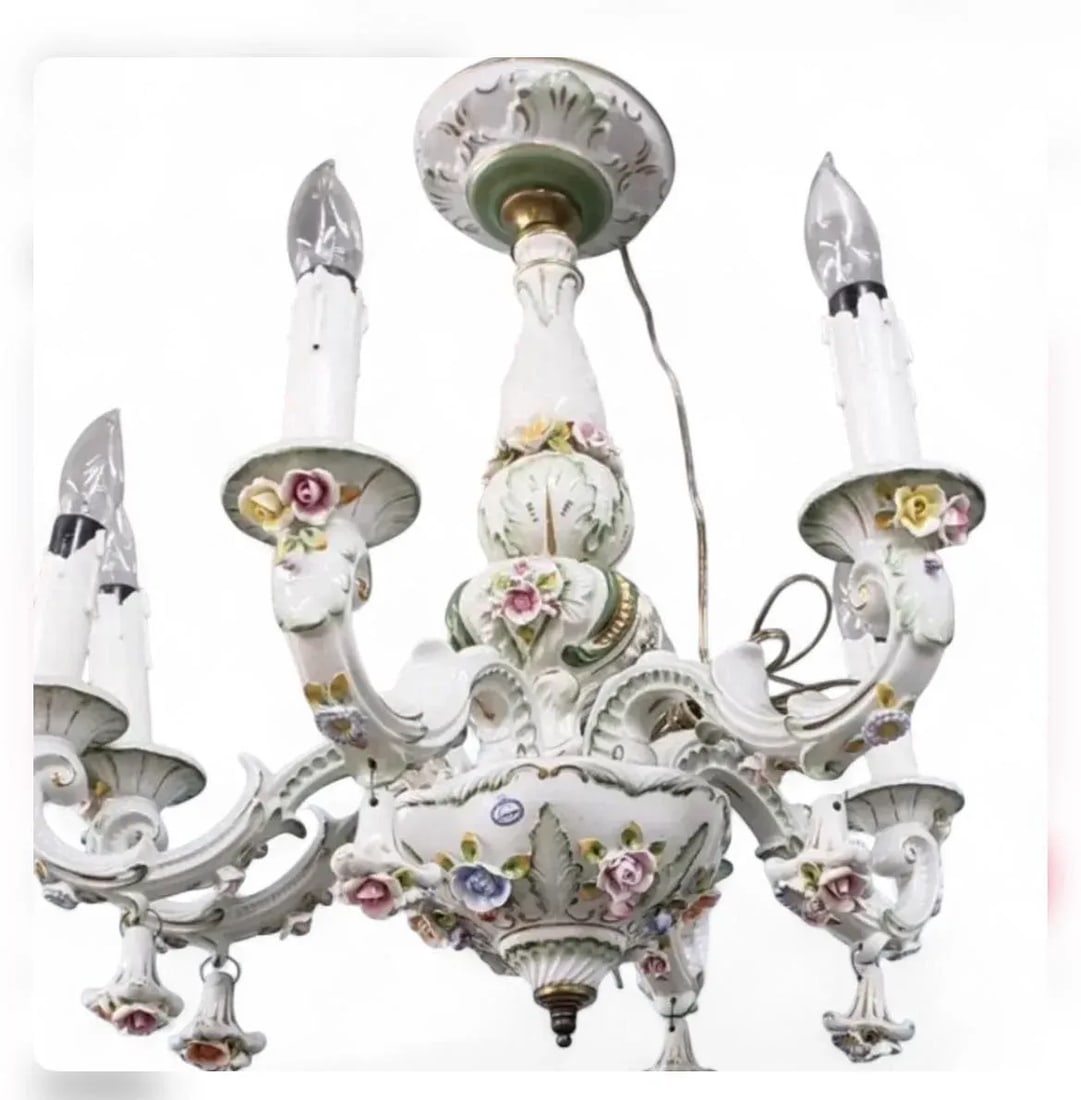 Vintage 1950s French Limoges Paris Porcelain Shabby Chic 6 Arm Chandelier - 2