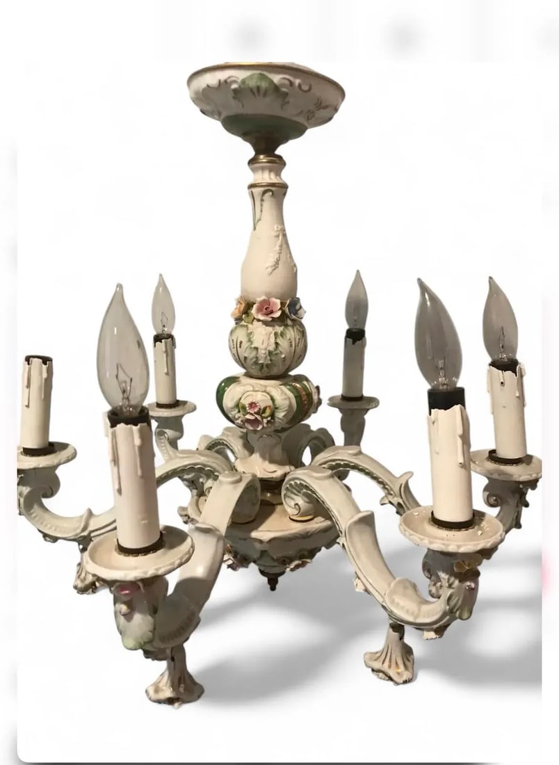 Vintage 1950s French Limoges Paris Porcelain Shabby Chic 6 Arm Chandelier - 4