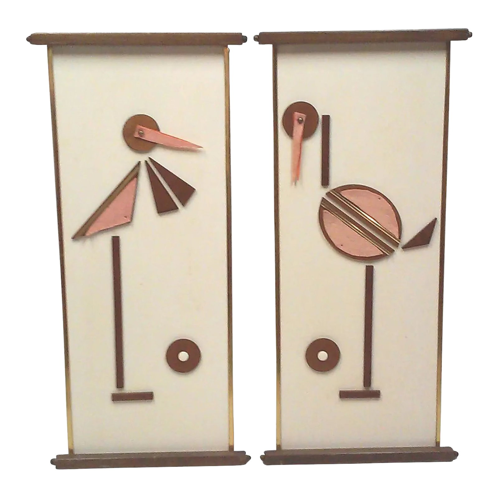 Mid-Century Flamingo Storck Ostrich Wall Art-a Pair: Mid-Century mixed media bird wall hangings comprised of geometric walnut wood pieces, felt and board. These cool Minimalist style bird panels are on a background of melamine mounted on plywood and fra