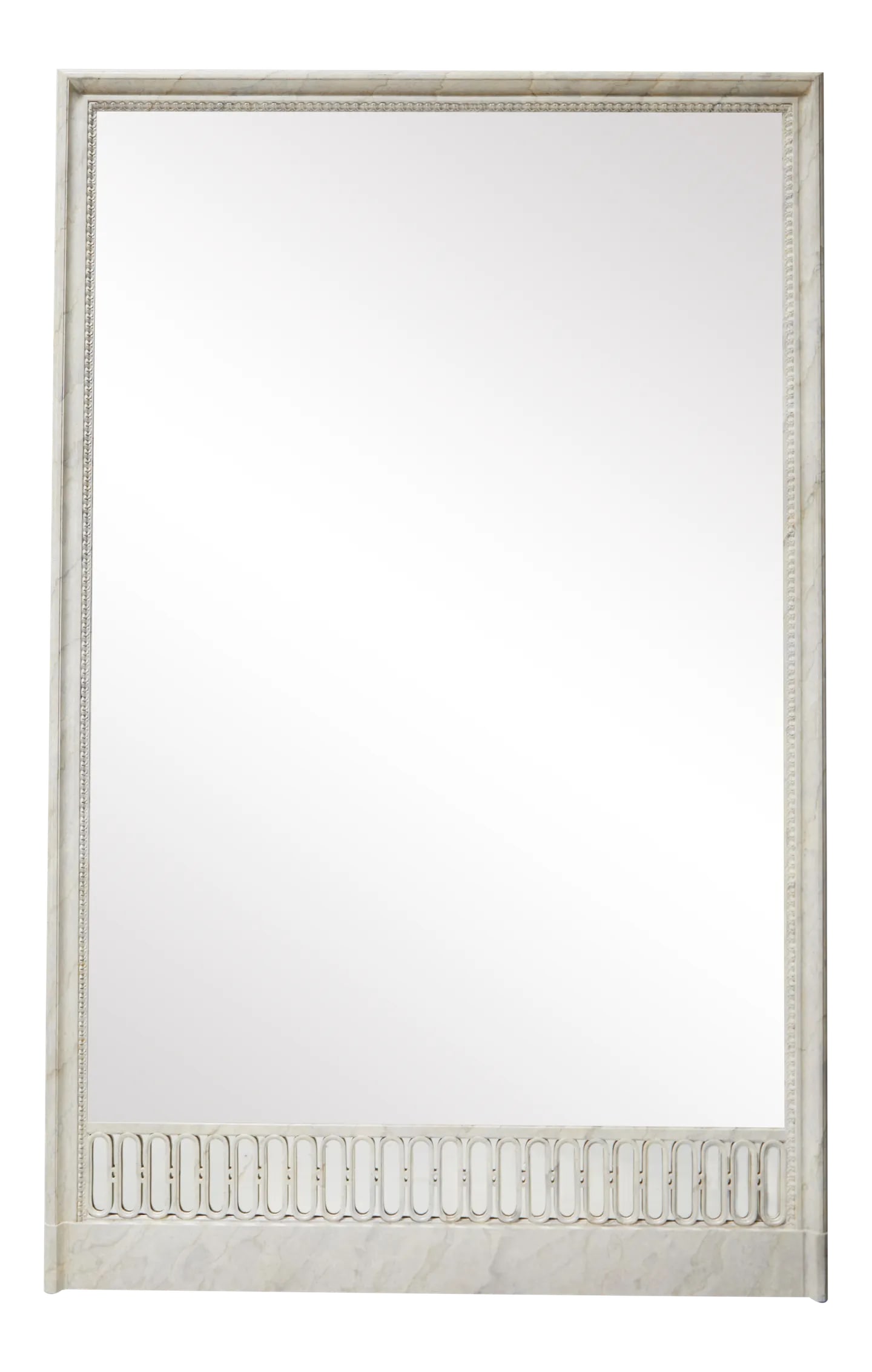 Featured in The 2020 San Francisco Decorator Showcase - 19th Century French White Painted Marble Pat: French 19th century large painted mantle mirror with original mirrored glass; frame later modified with new base for use as full-length floor mirror; wood frame refinished with painted marble pattern