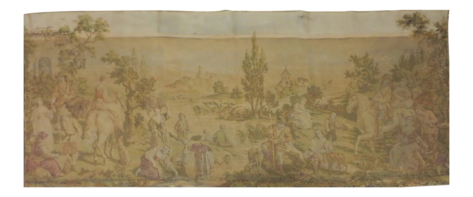 19th Century Pastoral Landscape Tapestry: French colonial pastoral landscape tapestry, 19th Century. Condition: Alterations: Original Condition Unaltered Imperfections: Some Imperfections Condition Notes: normal wear, small tear Materials