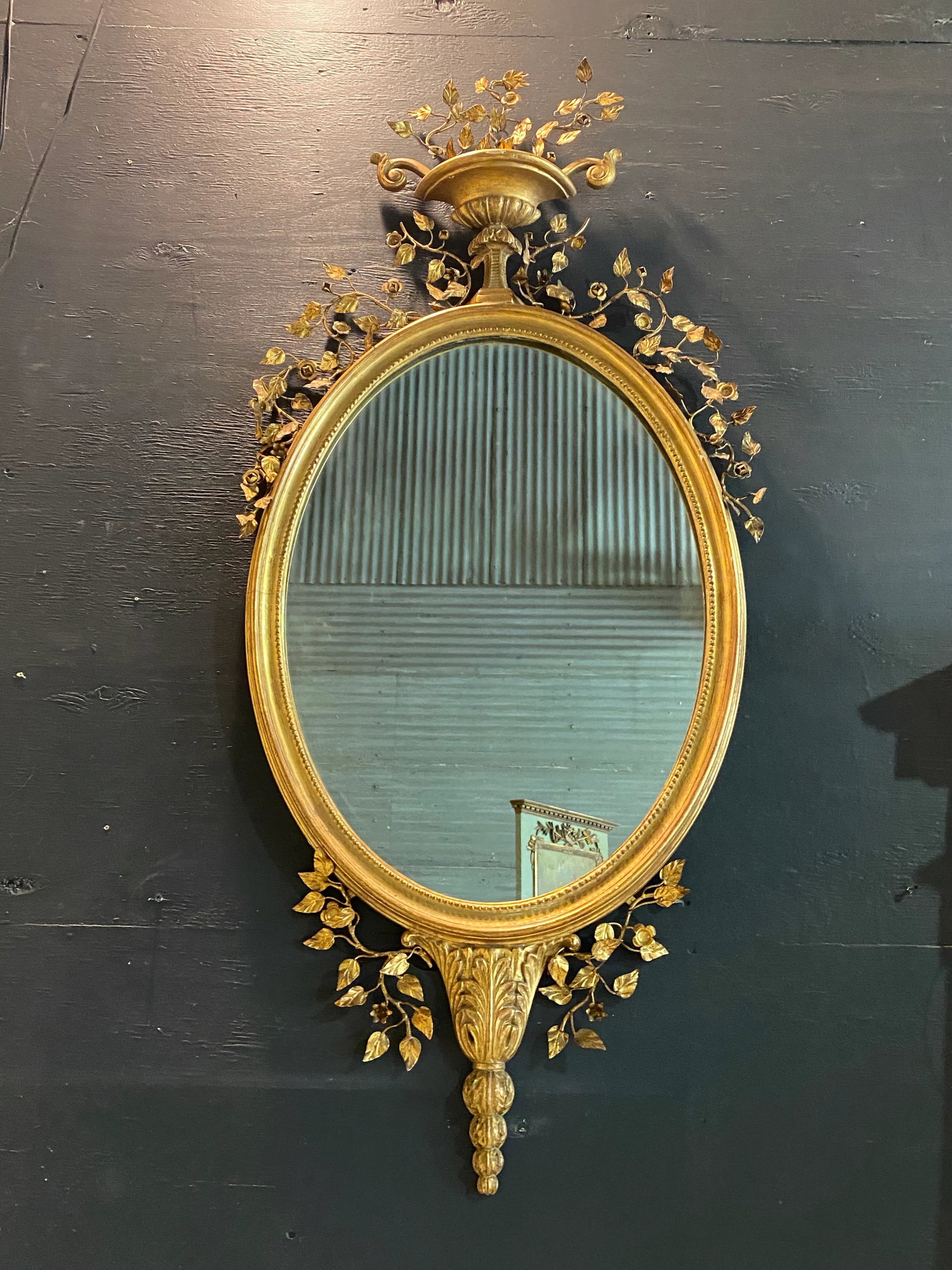 Vintage Italian Wall Mirror With Metal Floral Accents - Early 20th C - 2