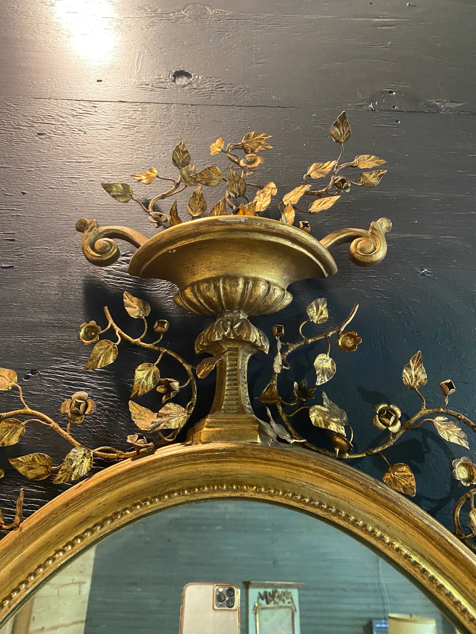 Vintage Italian Wall Mirror With Metal Floral Accents - Early 20th C - 5