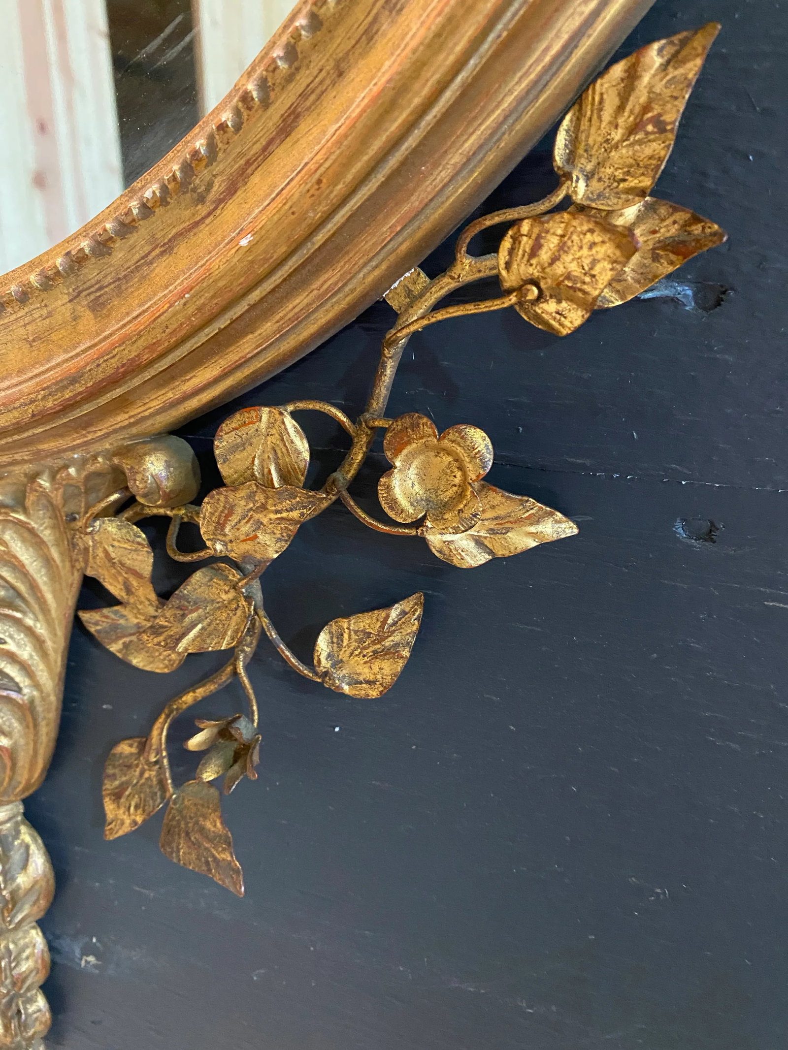 Vintage Italian Wall Mirror With Metal Floral Accents - Early 20th C - 6