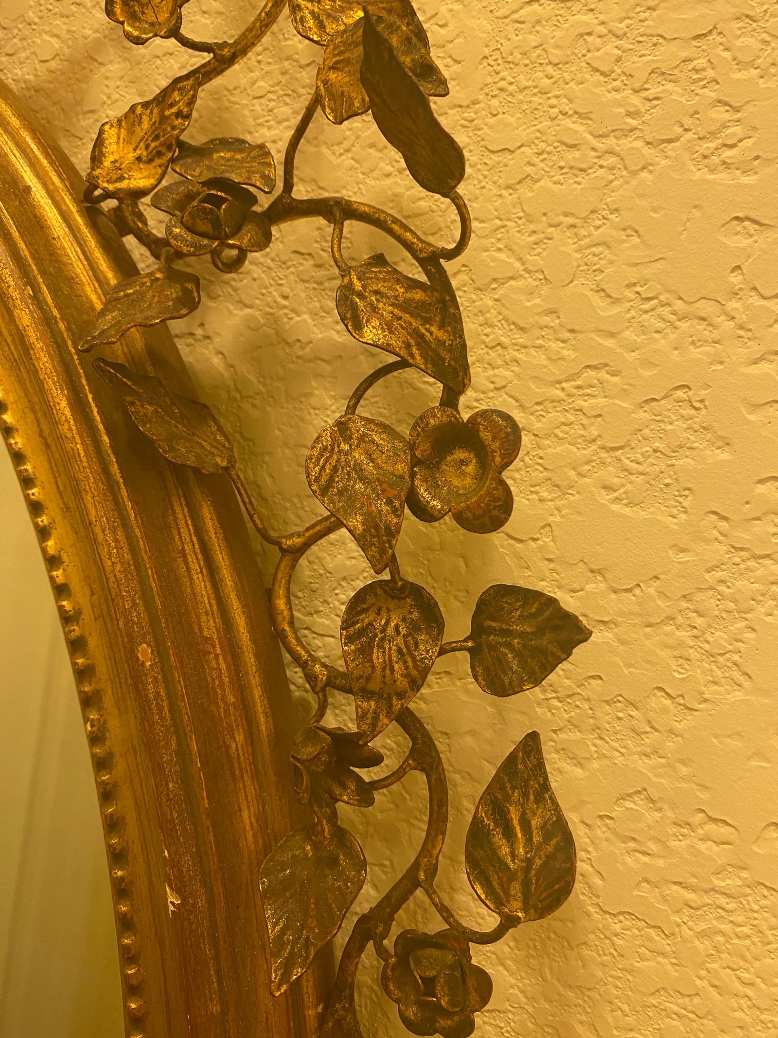 Vintage Italian Wall Mirror With Metal Floral Accents - Early 20th C - 9
