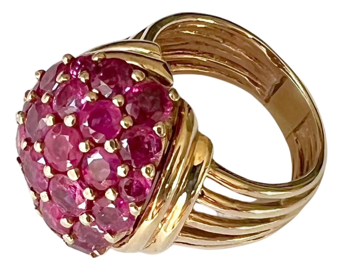 1960s 14K Gold and Pave Rubies Bombe Cocktail Ring: 1960s 14K gold and pave rubies bombe cocktail ring, unsigned and test positive for 14K. Size 4.5 and in very good vintage 1960's condition. Condition: Alterations: Original Condition Unaltered