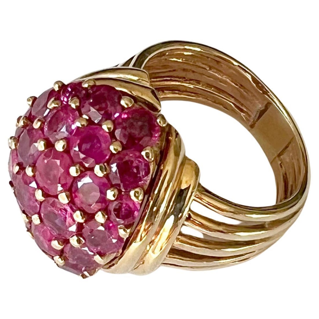1960s 14K Gold and Pave Rubies Bombe Cocktail Ring - 7