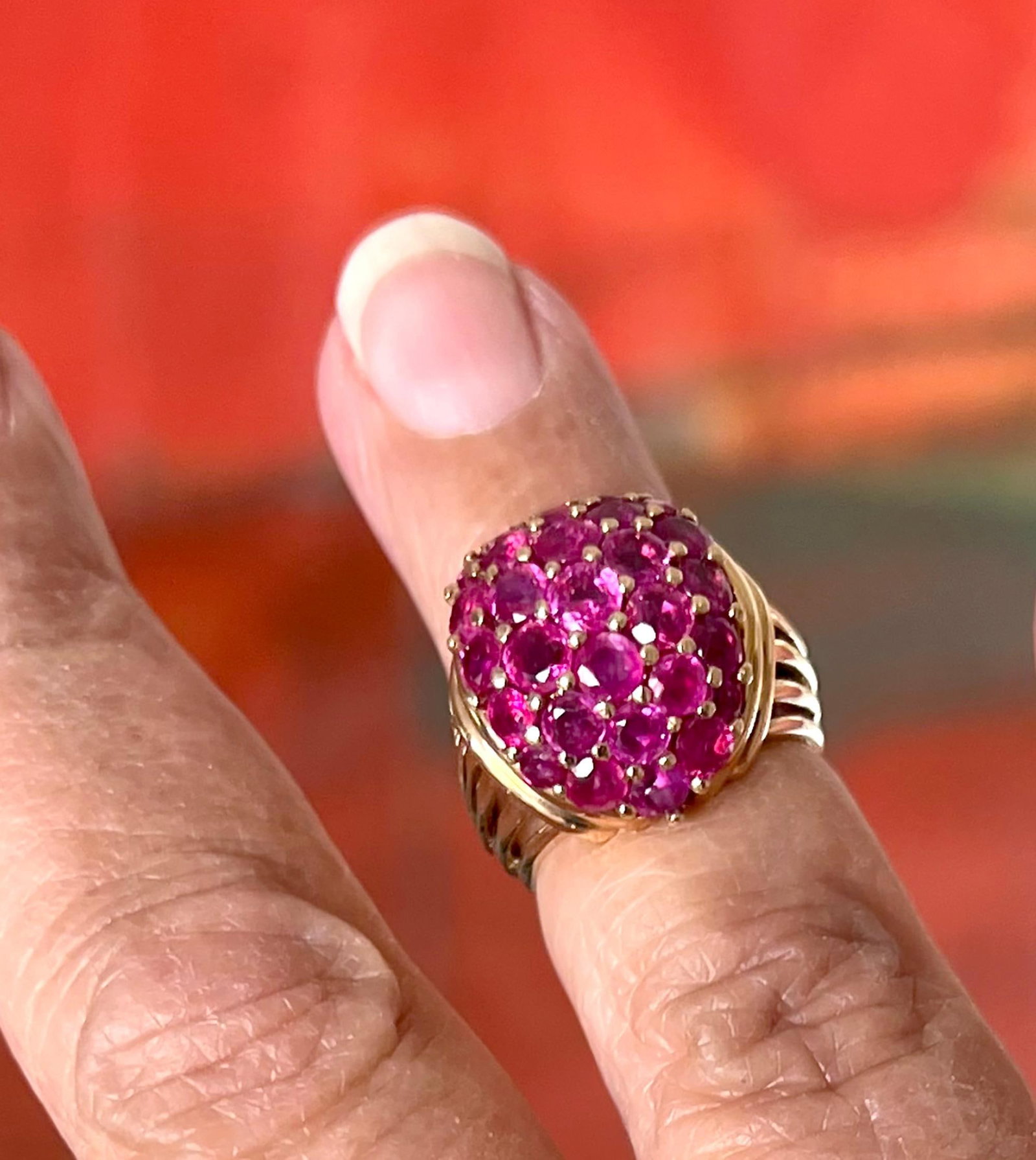 1960s 14K Gold and Pave Rubies Bombe Cocktail Ring - 8