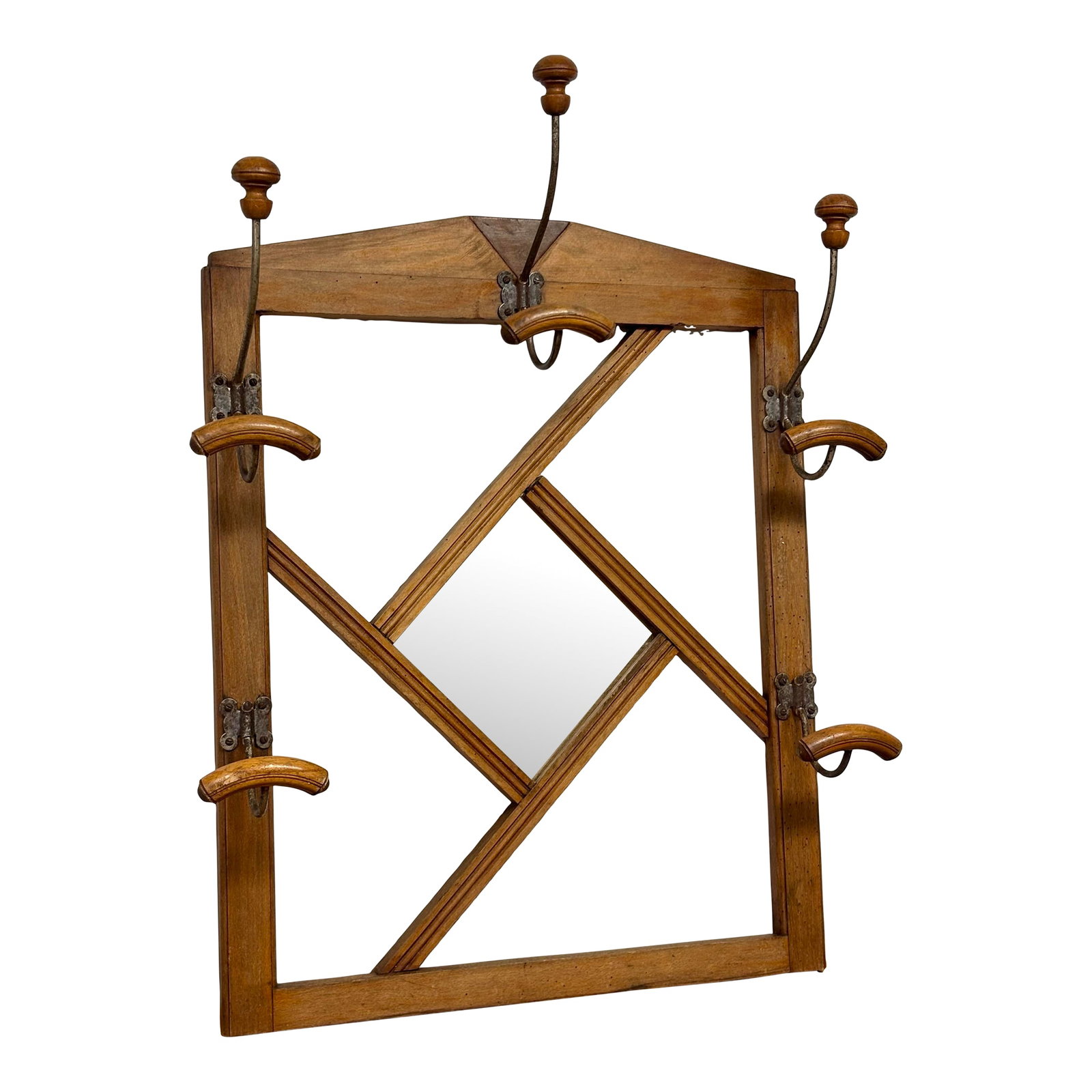 Vintage French Hat and Coat Rack: A striking vintage French hat and coat rack with a mirrored center, beautifully embodying the elegance of Art Deco design. The piece features refined geometric detailing characteristic of the period,