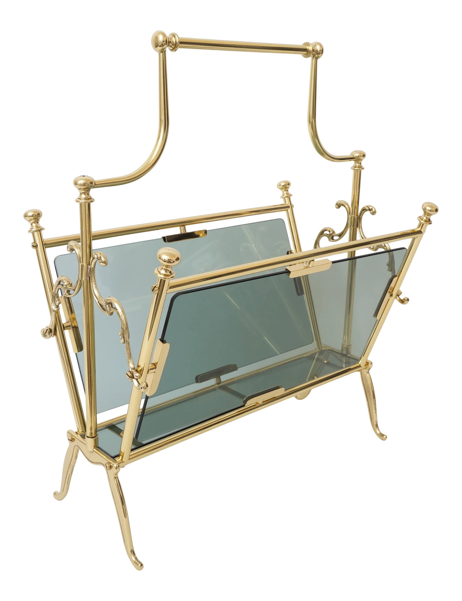 Maison Bagues Magazine Rack Brass & Smoke Glass: Mid-Century Maison Bagues Magazine Rack in Polished Brass and Blue-Gray Smoke Glass. Depending on the lighting and background, the smoked glass appears either more blue or more gray..This piece has