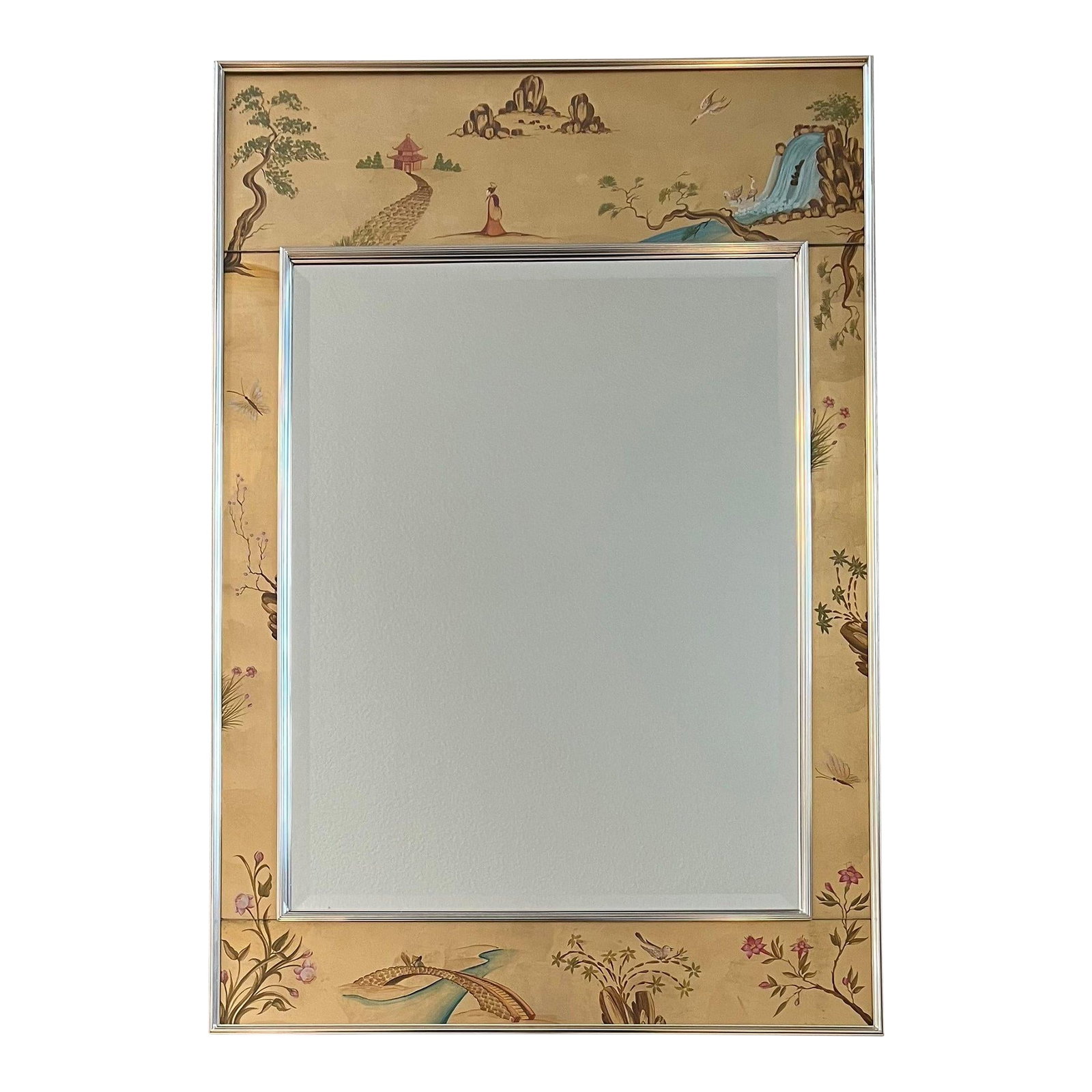 LaBarge Chinoiserie Handpainted Mirror: Excellent condition LaBarge, chinoiserie handpainted mirror over gold leaf. The mirror dimensions are approximately 42 inches high, 1.5 inches deep and 28.5 inches wide. The LaBarge sticker is on the