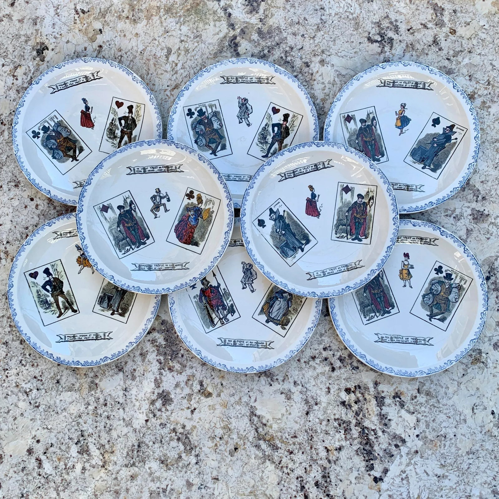 1920s Creil Et Montereau French Transferware Assiette Parlantes Face Card Plates, S/8 - 13