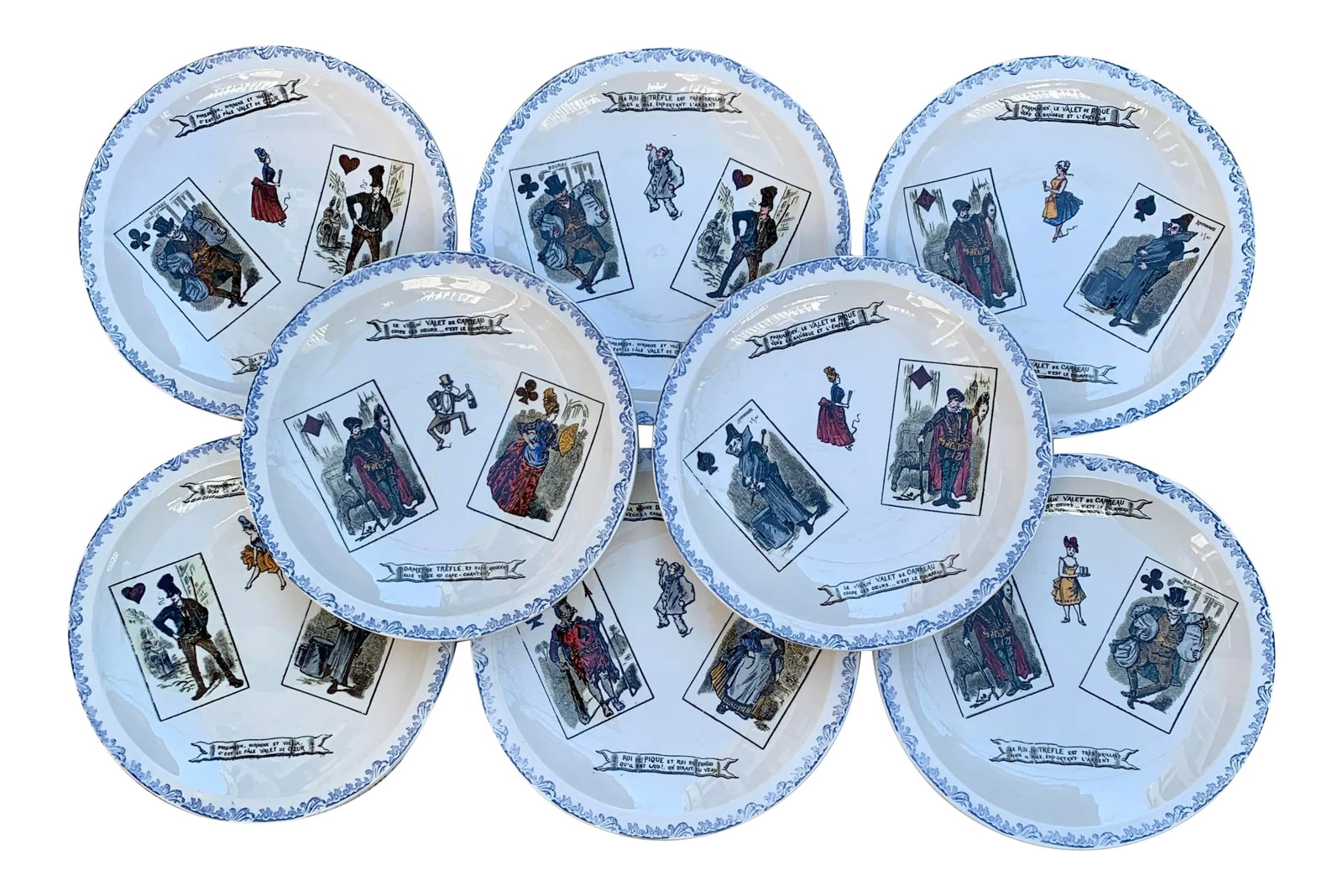 1920s Creil Et Montereau French Transferware Assiette Parlantes Face Card Plates, S/8: A charming and unusual set of eight HBCM, Hippolyte Boulenger Creil Montereau Playing Card Faience Plates- France, circa 1920s. Known as assiettes parlantes or talking plates, this set is based on