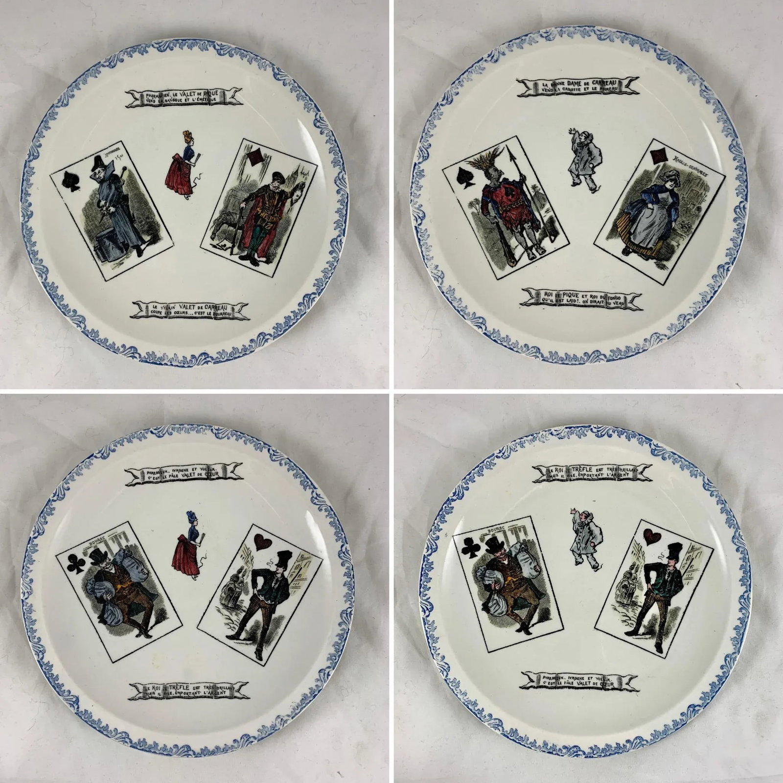 1920s Creil Et Montereau French Transferware Assiette Parlantes Face Card Plates, S/8 - 2