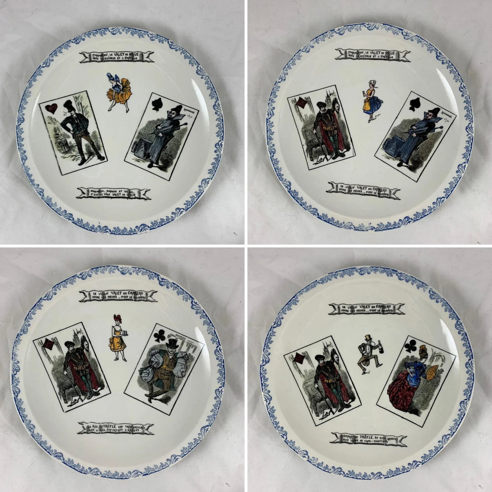 1920s Creil Et Montereau French Transferware Assiette Parlantes Face Card Plates, S/8 - 3