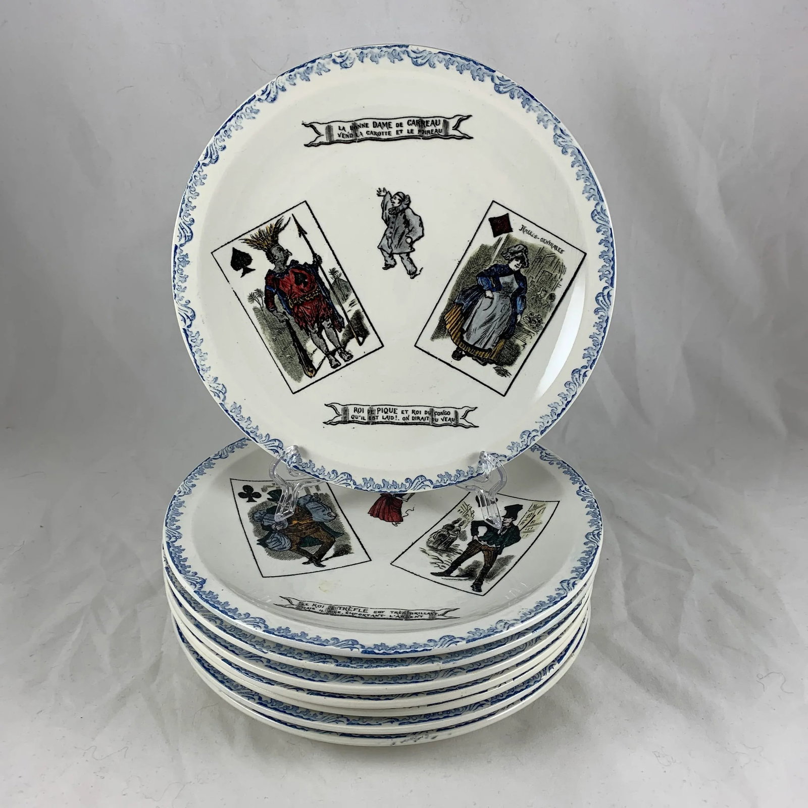 1920s Creil Et Montereau French Transferware Assiette Parlantes Face Card Plates, S/8 - 4