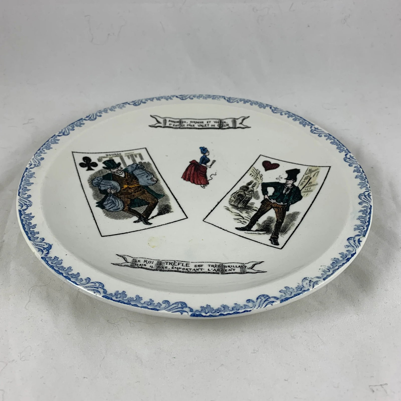 1920s Creil Et Montereau French Transferware Assiette Parlantes Face Card Plates, S/8 - 5