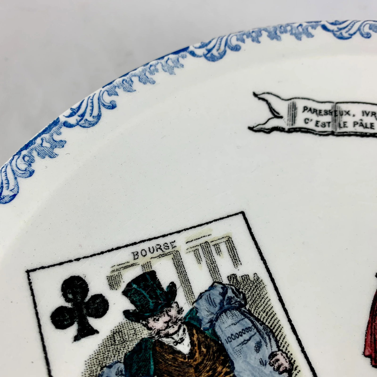 1920s Creil Et Montereau French Transferware Assiette Parlantes Face Card Plates, S/8 - 6