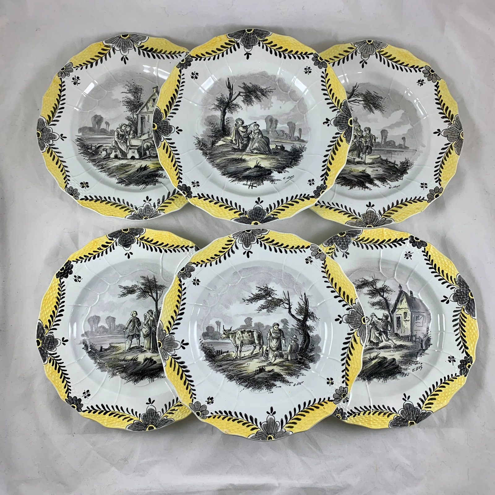 French Faience Hand Painted Romantic Grisaille & Cirage Plates, S/6 - 13