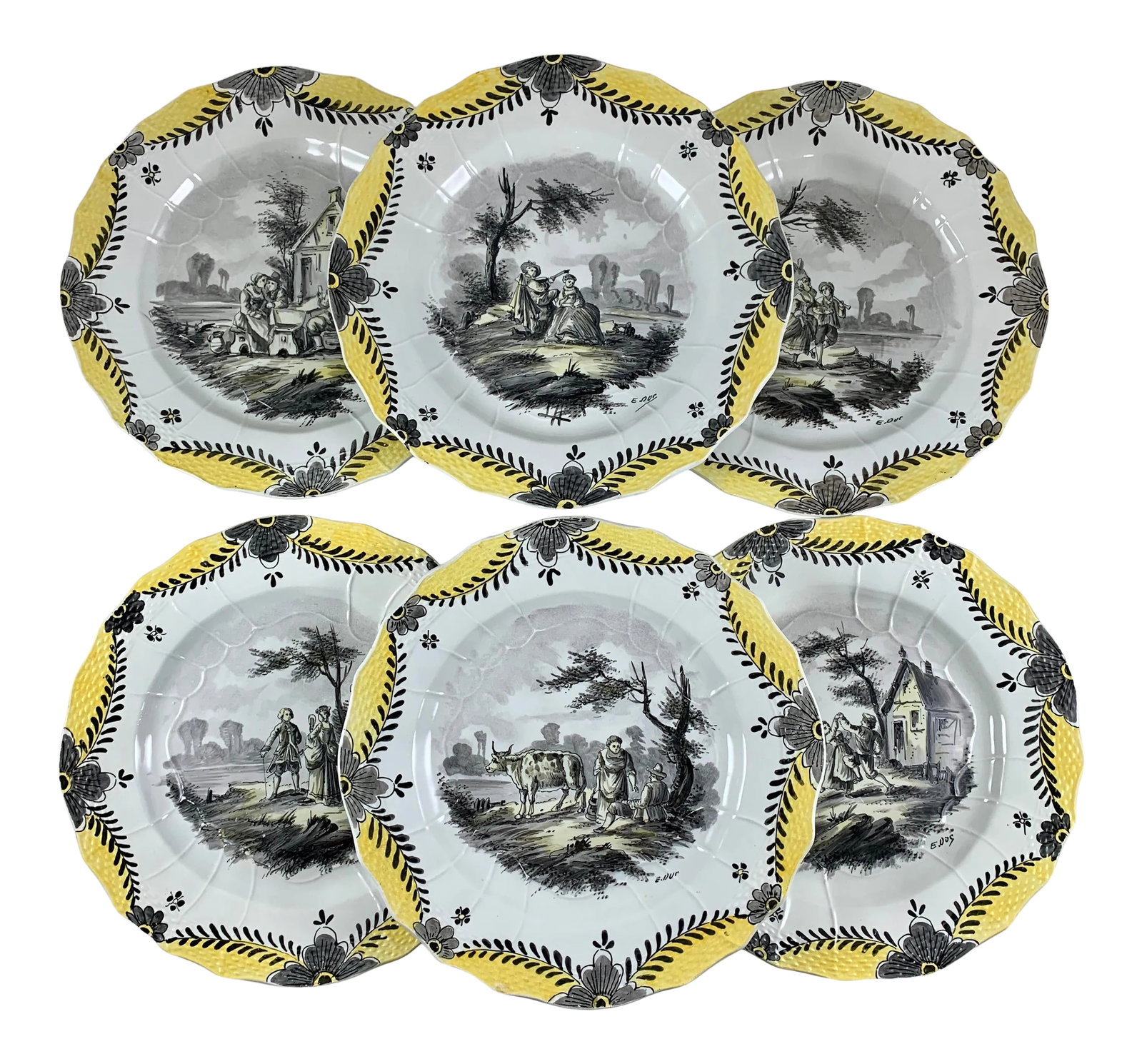 French Faience Hand Painted Romantic Grisaille & Cirage Plates, S/6: A charming set of six French faience hand painted plates, circa 1880-1900 - a reissue of the original 18th century Sceaux mold. Each plate is signed by the artist. Lovely and unusual, very hard to