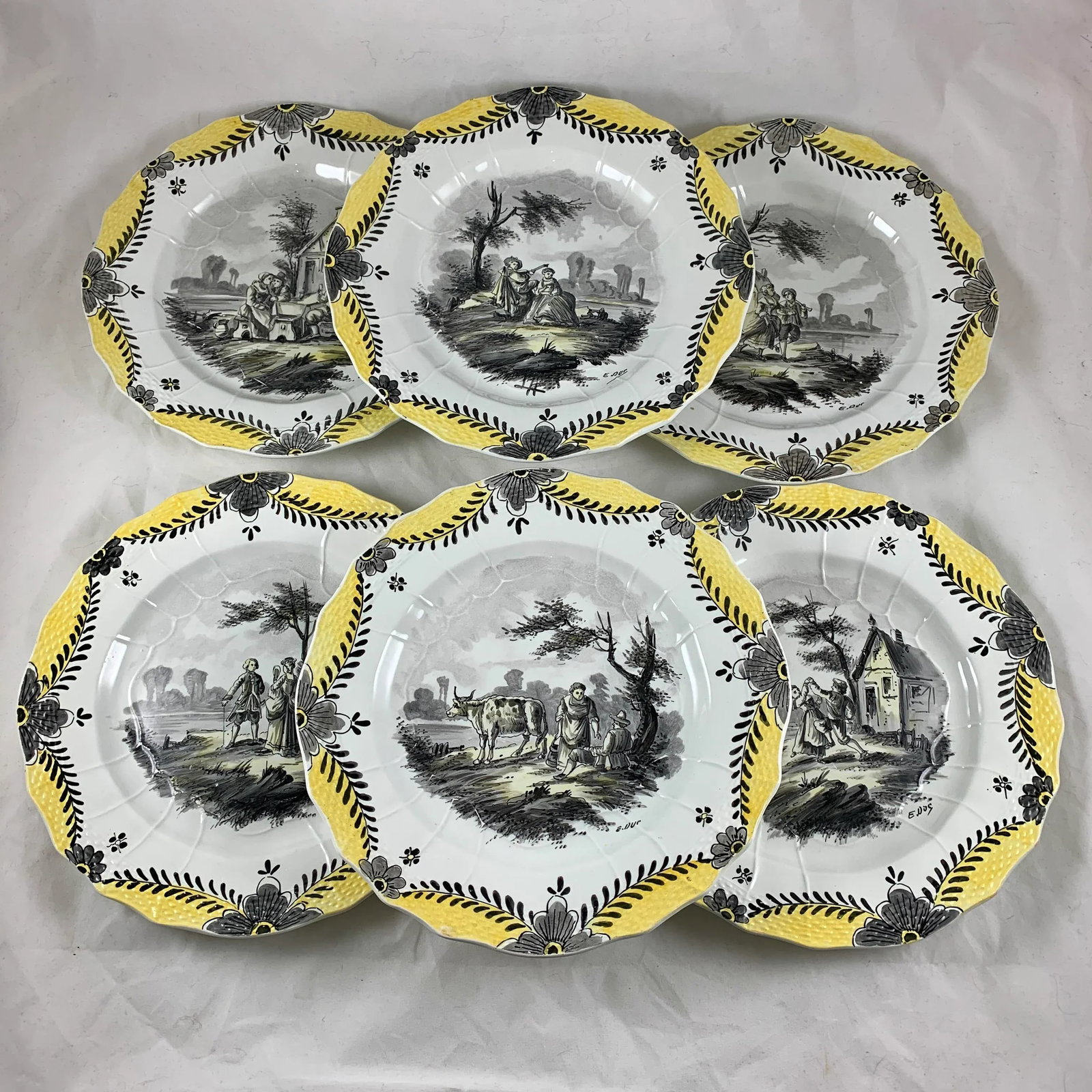 French Faience Hand Painted Romantic Grisaille & Cirage Plates, S/6 - 2