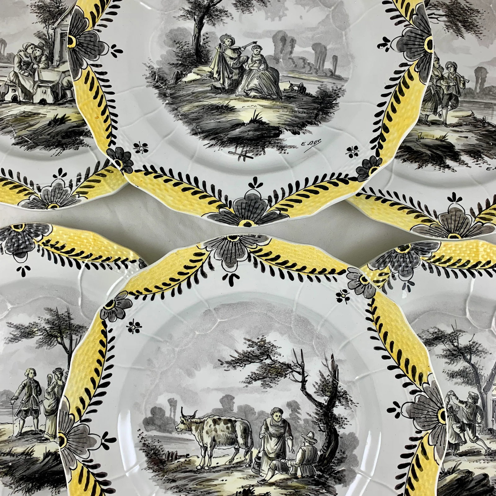 French Faience Hand Painted Romantic Grisaille & Cirage Plates, S/6 - 3