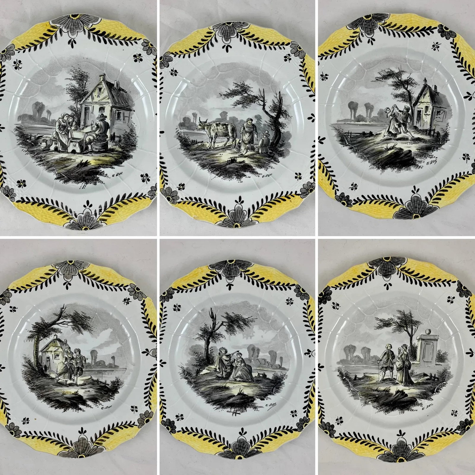 French Faience Hand Painted Romantic Grisaille & Cirage Plates, S/6 - 4