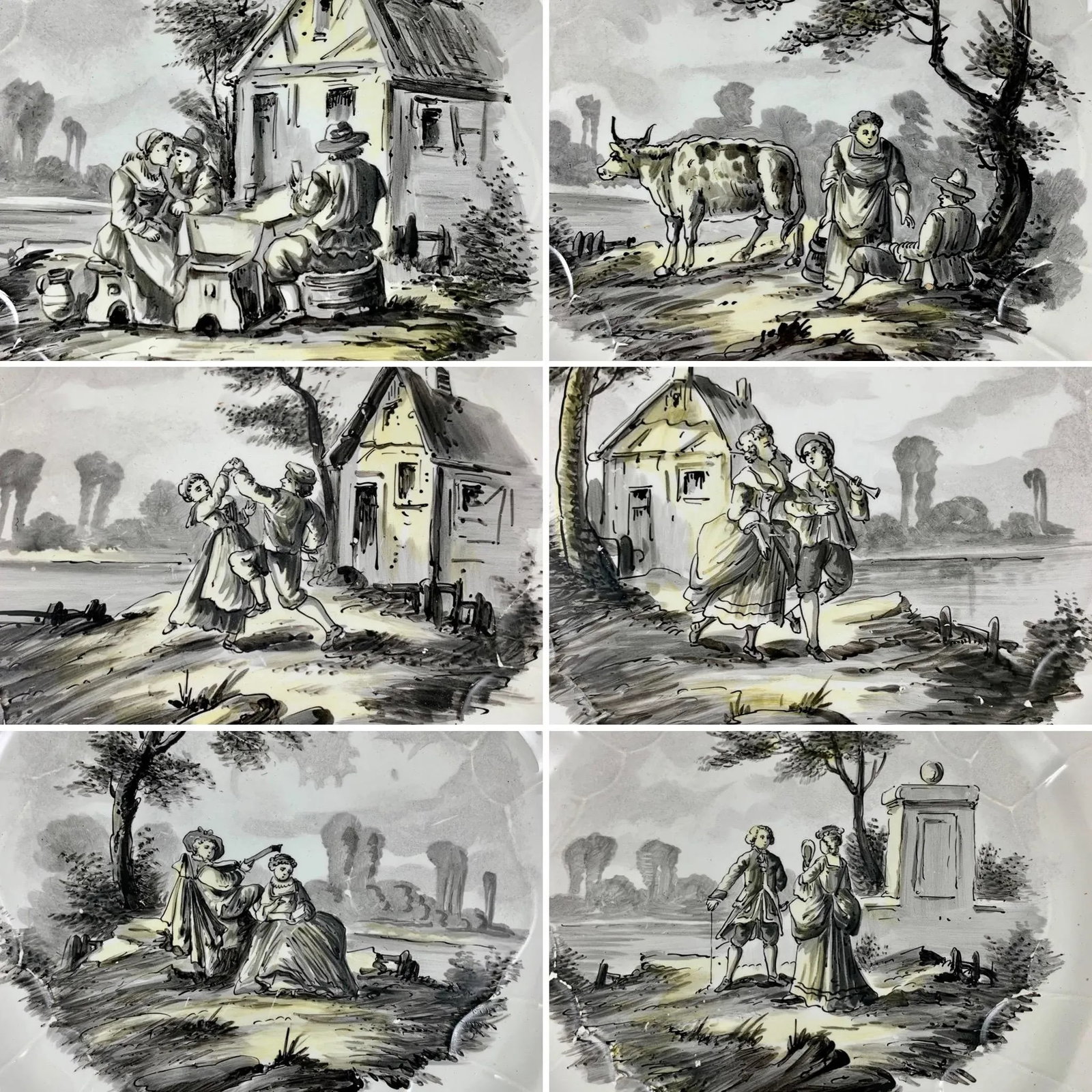 French Faience Hand Painted Romantic Grisaille & Cirage Plates, S/6 - 5