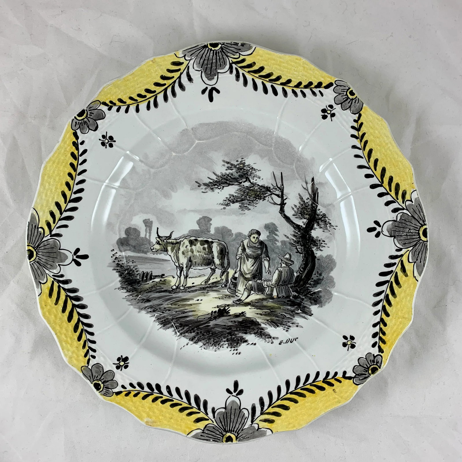 French Faience Hand Painted Romantic Grisaille & Cirage Plates, S/6 - 6
