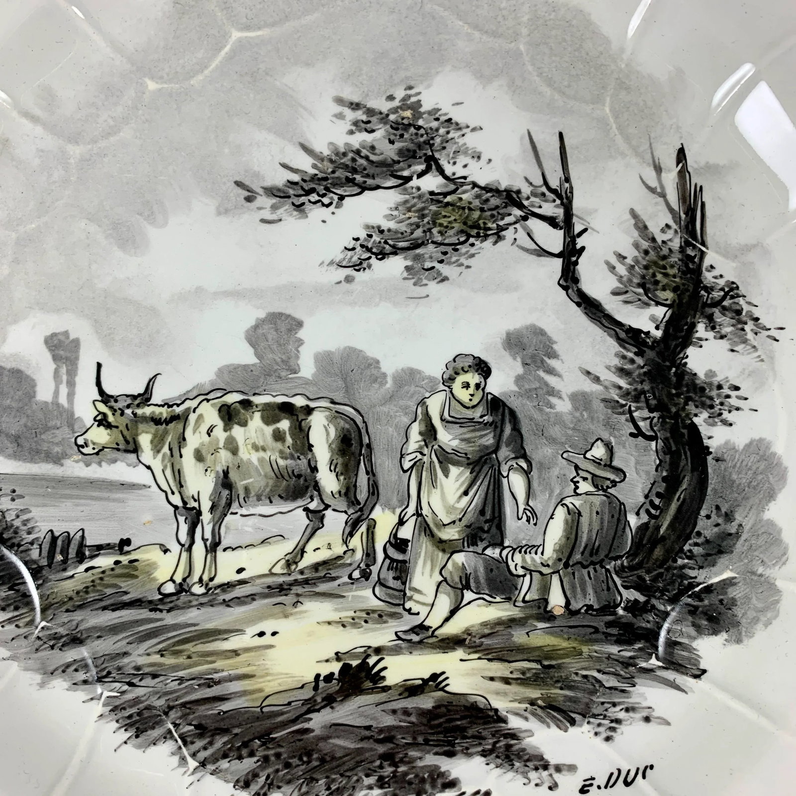 French Faience Hand Painted Romantic Grisaille & Cirage Plates, S/6 - 7
