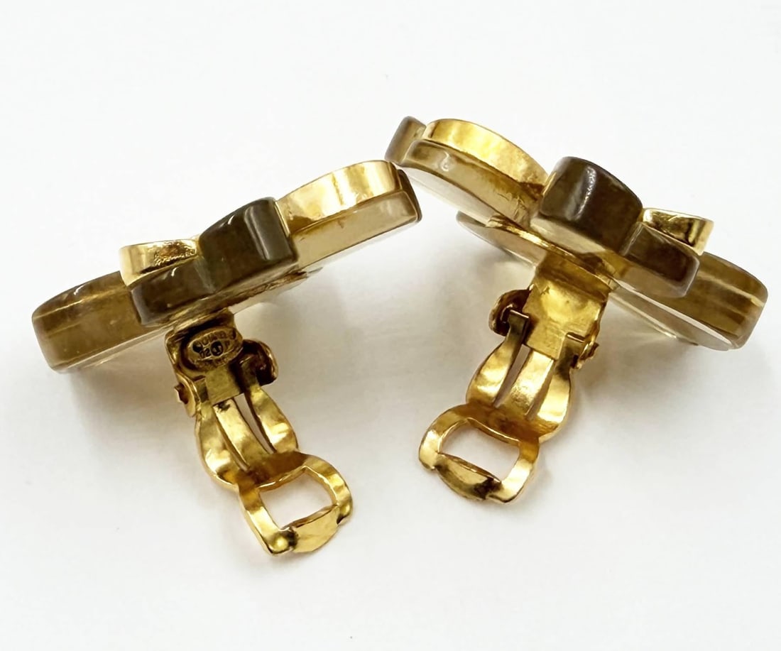 Chanel Vintage Gold Plated CC Resin Clover Clip on Earrings, A Pair - 3