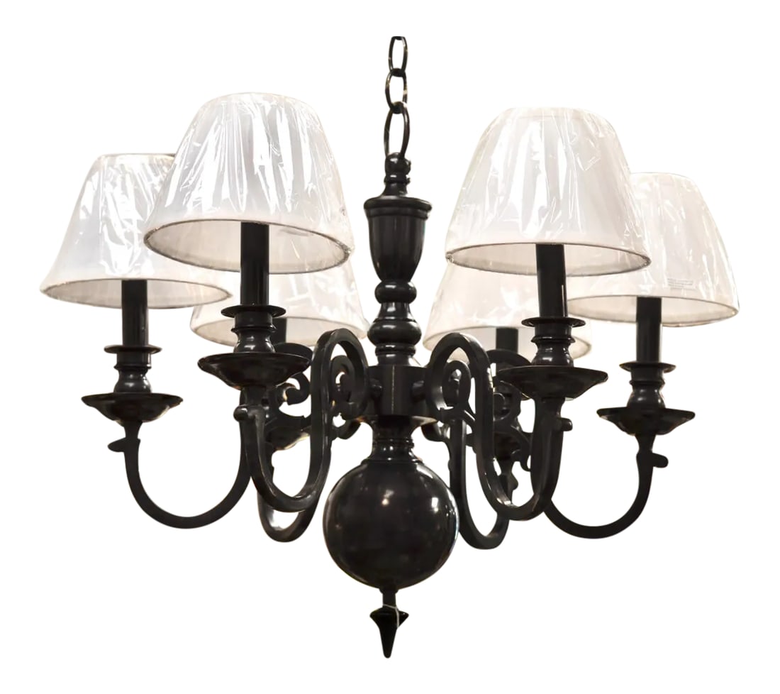 Late 1800's Early American Chandelier in Black: Late 1800's Chandelier, this beauty was gas lit! It's been converted to electric conforming to the electrical code with UL listed parts. This chandelier is heavy and beautiful! Has 6 arms with brand