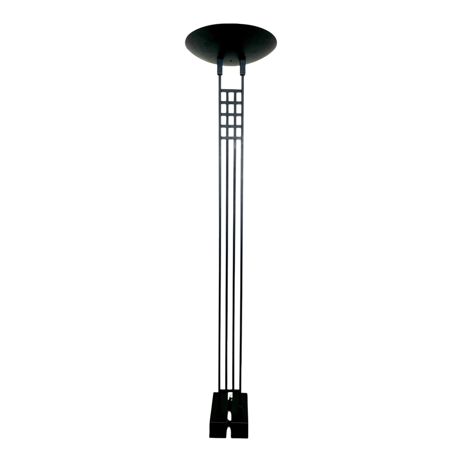 Postmodern 1987 Robert Sonneman for George Kovacs Black Torchiere Floor Lamp: Super sleek vintage Robert Sonneman for George Kovacs postmodern floor lamp from 1987. Architectural silhouette with graphic linear elements. Shows minor cosmetic wear including small chips and