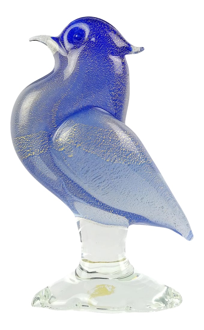 Vintage Seguso Murano Cobalt Blue Opal Gold Flecks Italian Art Glass Mid-Century Bird Sculpture: Beautiful vintage Murano hand blown cobalt blue and gold flecks Italian art glass bird on clear pedestal sculpture. Documented to designer Archimede Seguso. It stills retains a worn "Murano - Made In