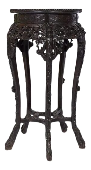 Antique 19th Century Chinese Rosewood Marble Top Plant Stand: A lovely antique 19th century tall Chinese / Oriental rosewood marble top plant stand. The stand is in excellent original condition with pink marble top insert. Carving details are superbly handled.