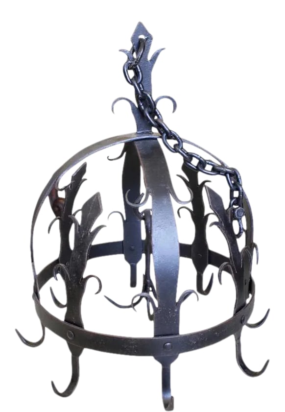 Ornamental Wrought Iron Pot Rack or Herb Drying Rack: A half dome shaped pot rack, a Continental shape known as a 'Dutch crown,' featuring fleur-de-lys and scrolling decorative elements. 20th century. Excellent condition, variations in patina. Could