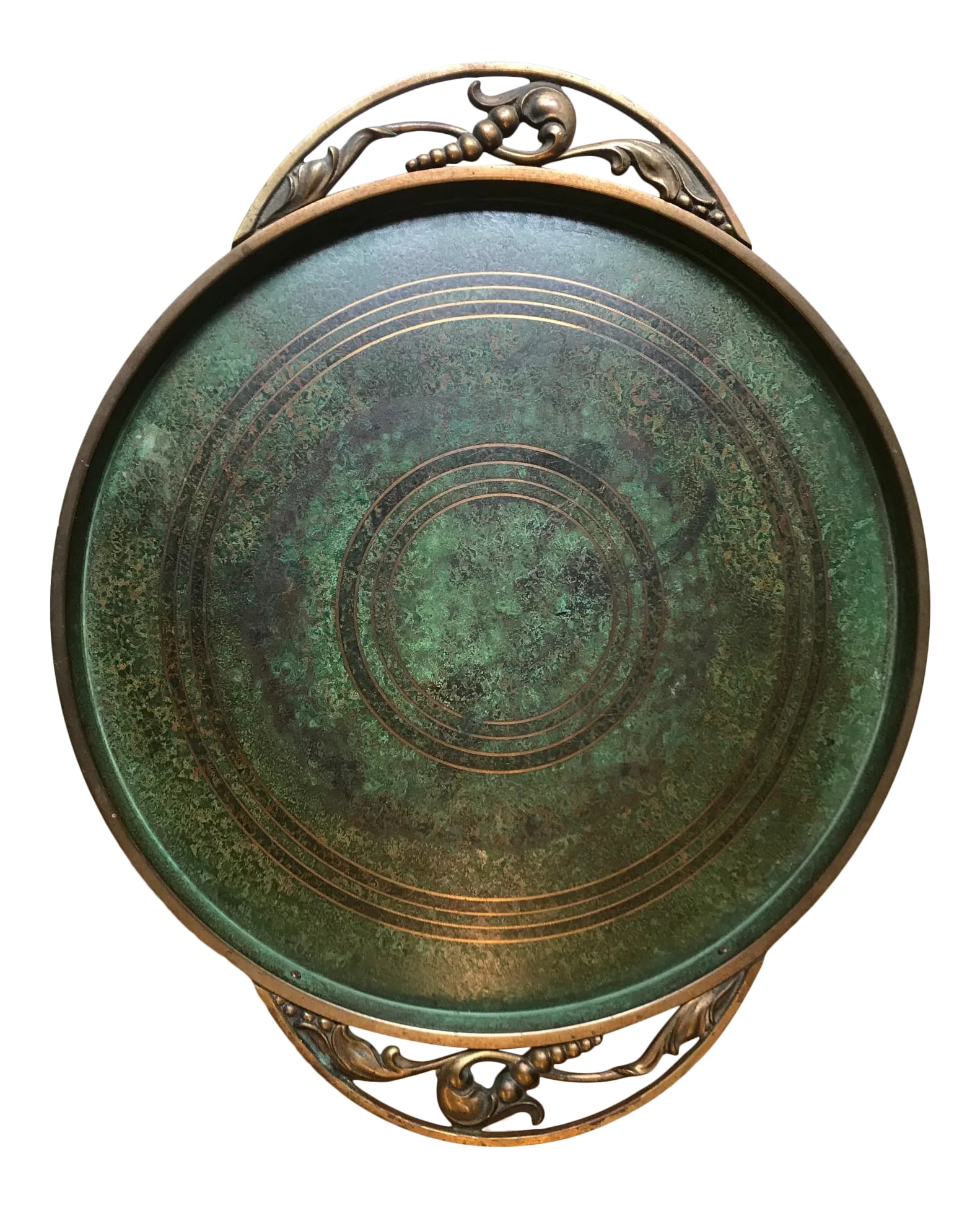 C. 1930s Carl Sorensen Charger Tray: Exquisite quality charger/tray singed by Carl Sorensen , circa 1930's. Made of bronze with green patina, minor use marks , no dents or scratches. Condition: Alterations: Original Condition Unaltered
