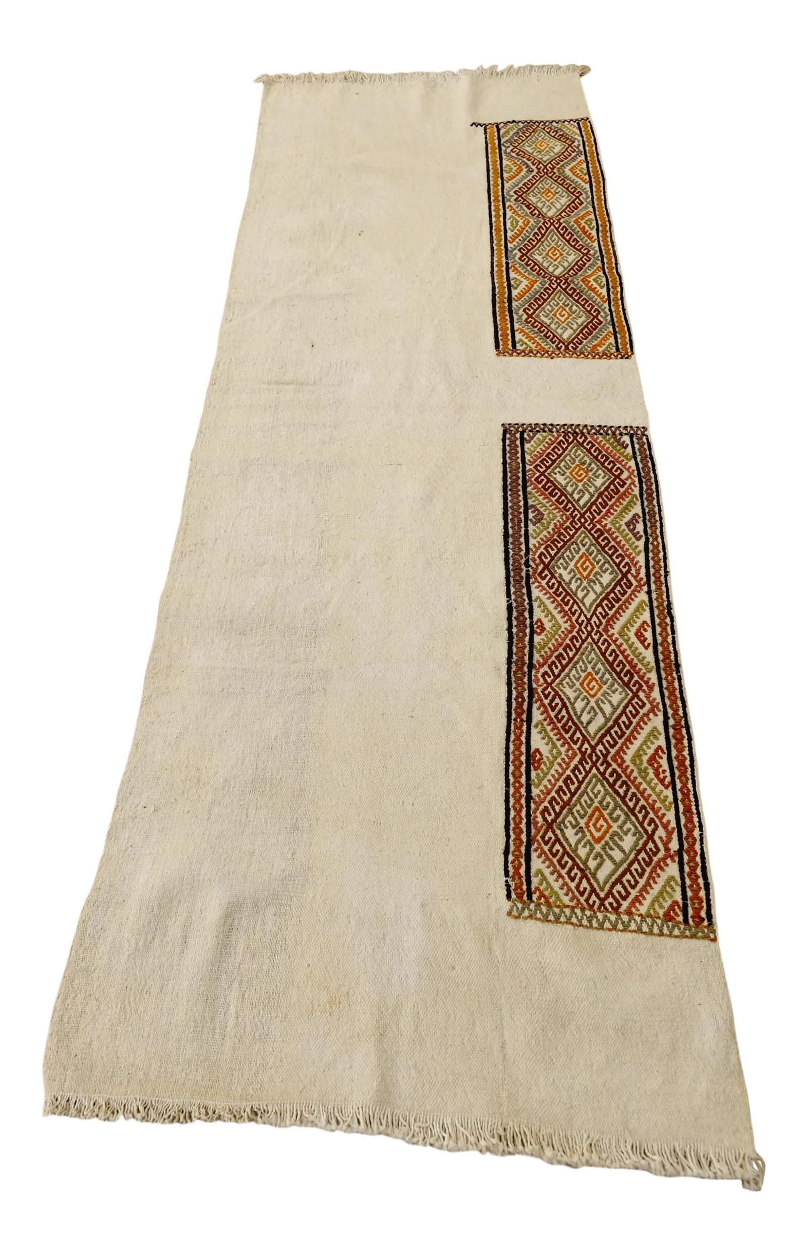 1970s Scandinavian Cream Ethnic Kilim Rug: Size: 2.4 x 6.8 ft - 72 x 205 cm - 28 x 80 inches Color: Organic Natural Dye (White,Black,Green,Burgundy,Orange) Material: 100% Hand Spun Organic Wool Condition:Professionally washed and cleaned.Ready