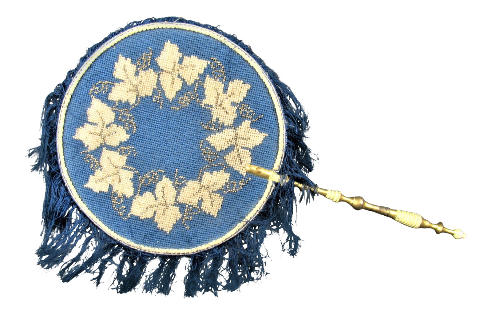 Late 20th Century Victorian Face Screen with Beaded Embroidery and Carved Gilded Handle: Fine antique Victorian face screen. Beaded embroidery with a carved wooden gilded handle. Back of the screen appears to a silk fabric. Loose fringe around the radius. Measures 9" diameter, handle 8 7/