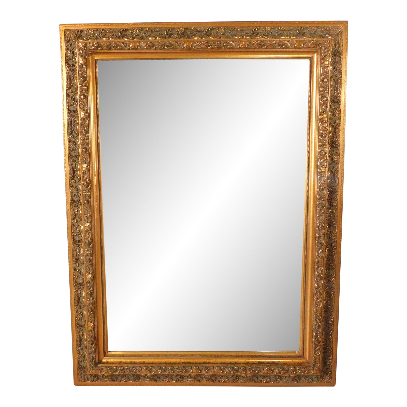 Large Vintage Ornate Gold Beveled Hanging Wall Mirror: Gorgeous large vintage ornate gold gesso and wood beveled hanging wall mirror. Nice quality - heavy piece. Statement piece. Circa 1970s/1980s. Great Condition as shown. Ready to hang. No breaks or